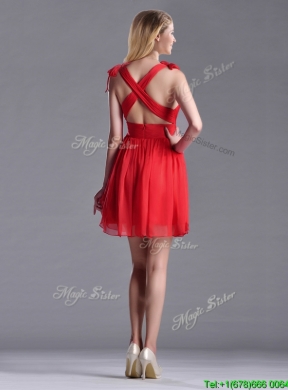 Exclusive V Neck Criss Cross Bridesmaid Dress with Ruching and Bowknot