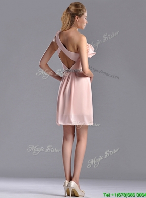 Latest Beaded and Ruffled Pink Bridesmaid Dress with Criss Cross