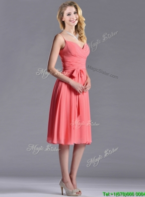 New Best Spaghetti Straps Watermelon Bridesmaid Dress with Ruching and Bowknot