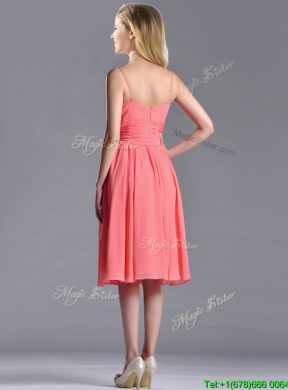 New Best Spaghetti Straps Watermelon Bridesmaid Dress with Ruching and Bowknot