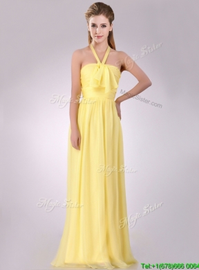 New Bridesmaid Lovely Halter Top Chiffon Ruched Long Bridesmaid Dress in Yellow