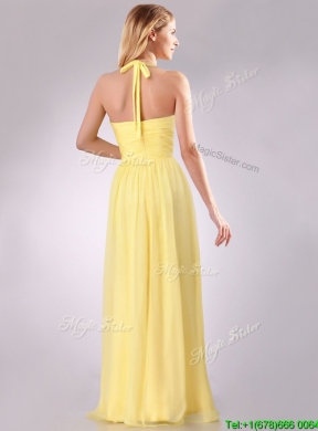 New Bridesmaid Lovely Halter Top Chiffon Ruched Long Bridesmaid Dress in Yellow