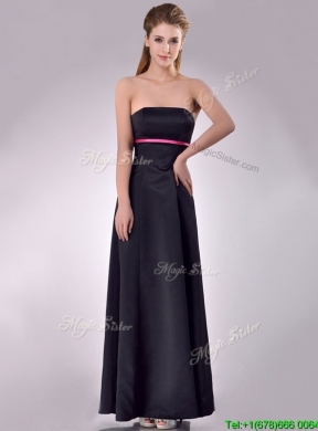 New Classical Black Ankle Length Bridesmaid Dress with Hot Pink Belt