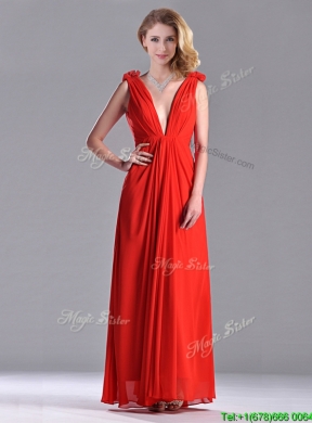 New Elegant Deep V Neckline Red Bridesmaid Dress with Hand Crafted Flowers