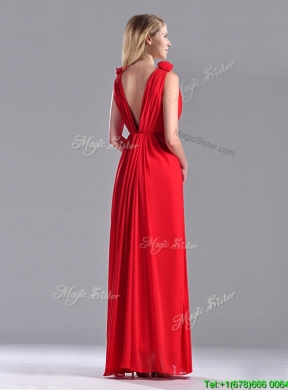 New Elegant Deep V Neckline Red Bridesmaid Dress with Hand Crafted Flowers