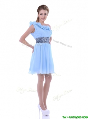 New One Shoulder Light Blue Bridesmaid Dress with Beaded Decorated Waist and Ruffles