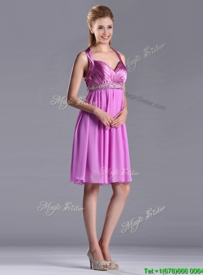 New Empire Halter Knee-length Beaded Short Bridesmaid Dress in Lilac