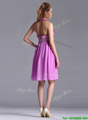 New Empire Halter Knee-length Beaded Short Bridesmaid Dress in Lilac