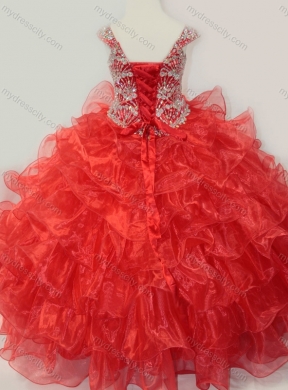 2016 Ball Gown Straps Organza Beaded Bodice Lace Up Little Girl Pageant Dress in Red