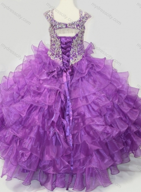 2016 Puffy Skirt V-neck Lace Up Little Girl Pageant Dress with Straps and Ruffled Layers