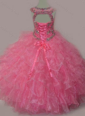 2016 Rose Pink Ball Gown Scoop Beaded Bodice Lace Up Little Girl Pageant Dress