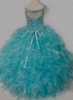 Elegant Ball Gown V Neck Organza Beading Aqua Blue Lace Up Little Girl Pageant Dress