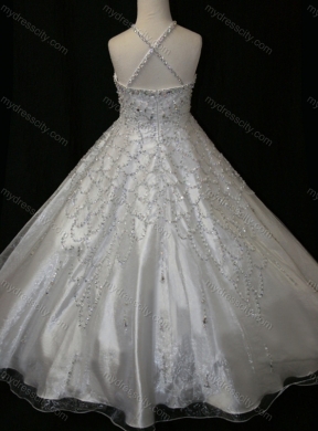 Elegant A Line Beaded Decorated Halter Top and Bodice  Flower Girl Dress