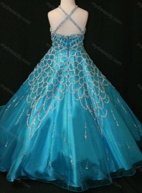 Beaded Decorated Halter Top and Bodice Teal  Mini Quinceanera Dress with Criss Cross