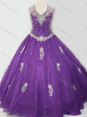 Cheap Ball Gown V Neck Organza Beaded and Applique  Mini Quinceanera Dress in Purple