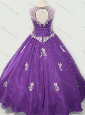 Cheap Ball Gown V Neck Organza Beaded and Applique  Mini Quinceanera Dress in Purple