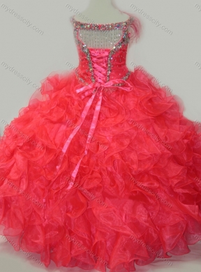 CoraL Red Ball Gown V Neck Organza Beading Mini Quinceanera Dress with Lace Up