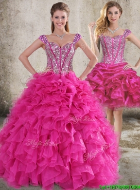 Classical Ruffled and Beaded Bodice Detachable Quinceanera Dress in Hot Pink