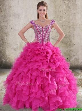 Classical Ruffled and Beaded Bodice Detachable Quinceanera Dress in Hot Pink