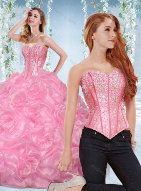 Discount Organza Rose Pink Detachable Quinceanera Gown with Beading and Bubbles