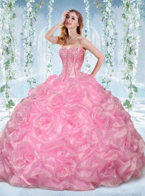 Discount Organza Rose Pink Detachable Quinceanera Gown with Beading and Bubbles