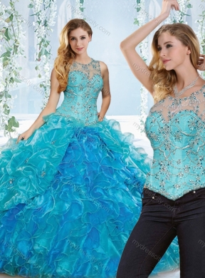 Elegant See Through Beaded and Ruffled Detachable Quinceanera Dress in Blue