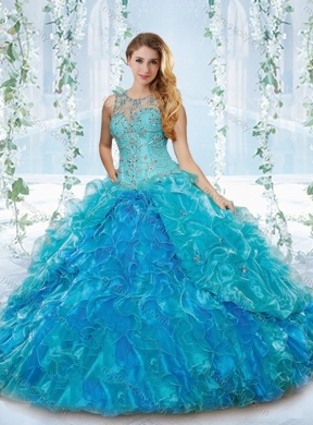 Elegant See Through Beaded and Ruffled Detachable Quinceanera Dress in Blue