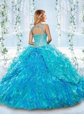 Elegant See Through Beaded and Ruffled Detachable Quinceanera Dress in Blue