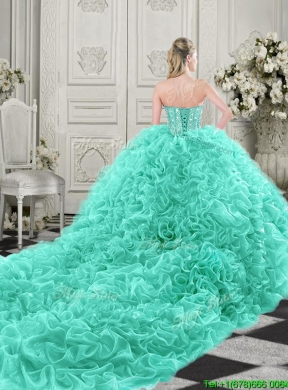 Elegant Visible Boning Organza Apple Green Quinceanera Dress with Chapel Train