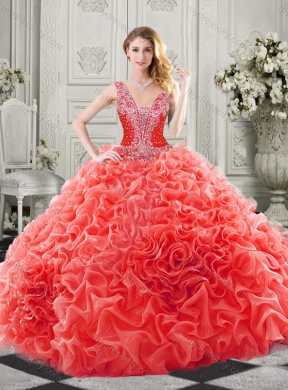 Latest Chapel Train Beaded and Ruffled Quinceanera Dress with Detachable Straps