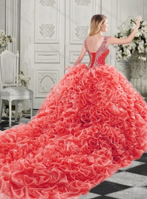 Latest Chapel Train Beaded and Ruffled Quinceanera Dress with Detachable Straps