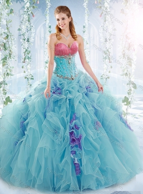 Latest Ruffled and Beaded Detachable Quinceanera Gowns in Aquamarine