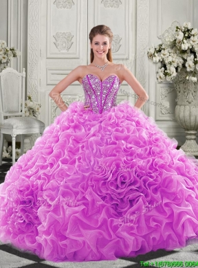 Lovely Puffy Skirt Beaded Bodice and Ruffled Quinceanera Dress in Fuchsia