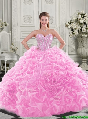 Lovely Puffy Skirt Beaded Bodice and Ruffled Quinceanera Dress in Fuchsia