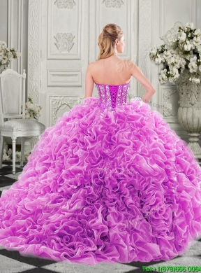 Lovely Puffy Skirt Beaded Bodice and Ruffled Quinceanera Dress in Fuchsia