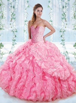 Lovely Rose Pink Detachable Quinceanera Dress with Beaded Bodice and Ruffles