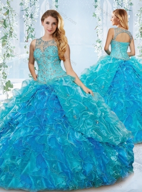 Modern See Through Blue Detachable Sweet 16 Dress with Beading and Ruffles