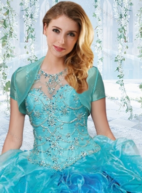 Modern See Through Blue Detachable Sweet 16 Dress with Beading and Ruffles