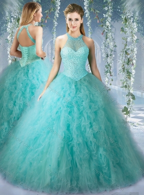 Popular Mint Quinceanera Dress With Beaded Decorated Bodice and High Neck