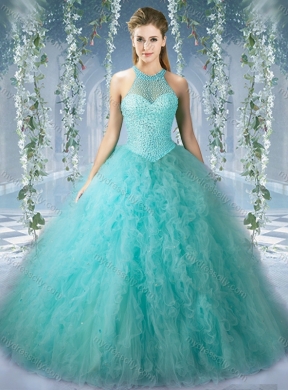 Popular Mint Quinceanera Dress With Beaded Decorated Bodice and High Neck