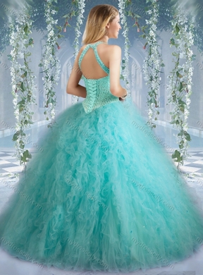 Popular Mint Quinceanera Dress With Beaded Decorated Bodice and High Neck