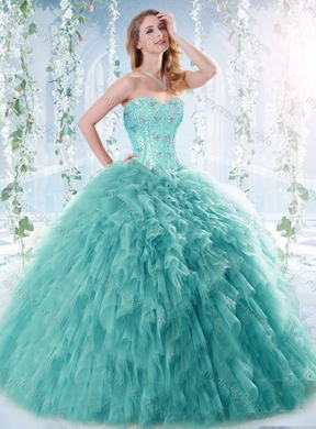 Romantic Beaded and Ruffled Aquamarine Detachable Quinceanera Dress with Brush Train