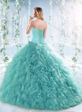 Romantic Beaded and Ruffled Aquamarine Detachable Quinceanera Dress with Brush Train