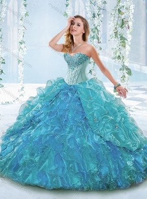 Beautiful Organza Blue Detachable Quinceanera Dress with Ruffles and Beading