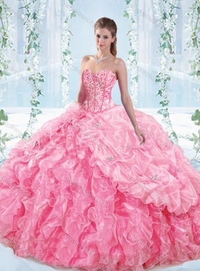 Discount Beaded Bodice Visible Boning Rose Pink Detachable Sweet 16 Quinceanera Dress