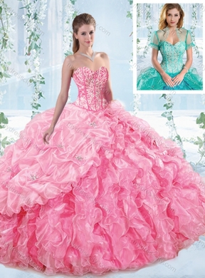 Discount Beaded Bodice Visible Boning Rose Pink Detachable Sweet 16 Quinceanera Dress