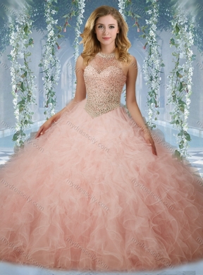 Elegant Beaded Bodice Baby Pink Quinceanera Dress with Halter Top