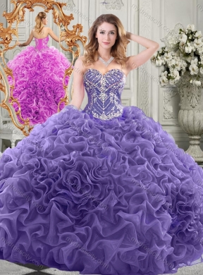 Elegant Brush Train Lavender Quinceanera Dress with Beaded Bodice and Ruffles