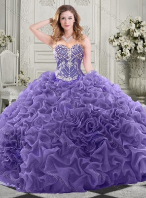 Elegant Brush Train Lavender Quinceanera Dress with Beaded Bodice and Ruffles