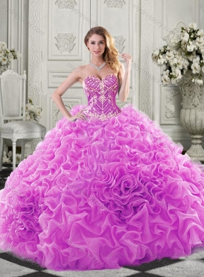 Elegant Brush Train Lavender Quinceanera Dress with Beaded Bodice and Ruffles